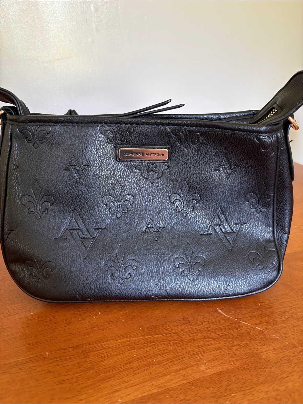Adrienne Vittadini Black Embossed Leather Shoulder Bag with Gold-Tone Plaque